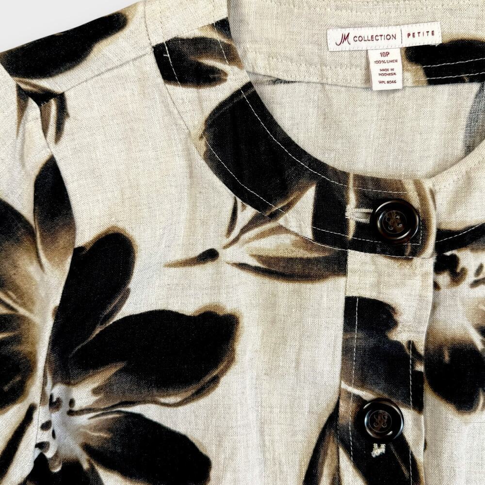 JM Collection Petite 100% Linen Floral 3/4 Sleeves Button Up Top Blouse Size 10P - Picture 7 of 13